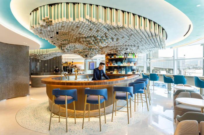 The central bar is made from reclaimed typhoon-damaged wood 