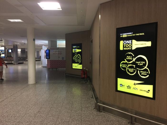 Campaign signage is widely visible throughout key UK airports